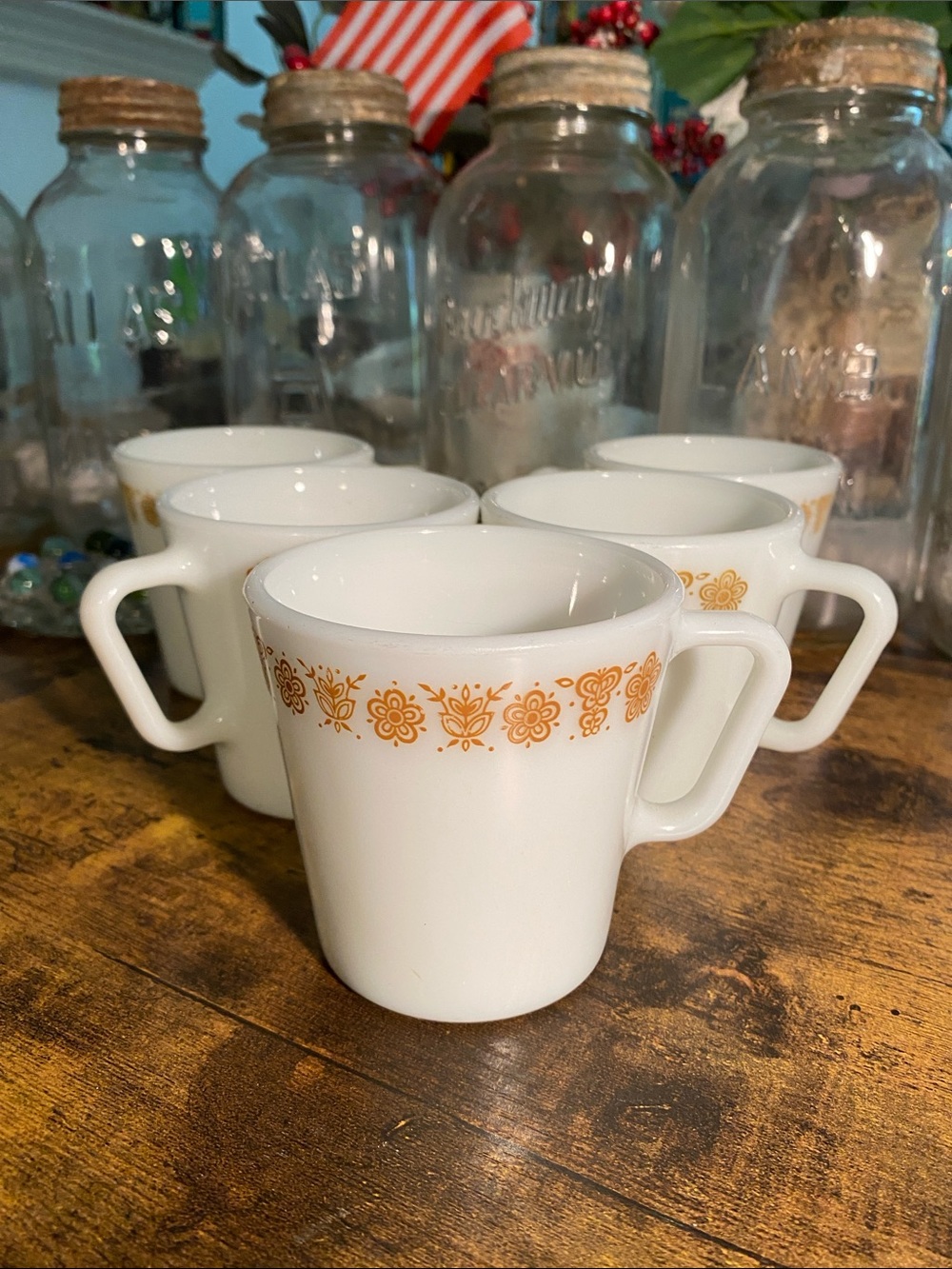 Pyrex White Milk Glass Mugs with Orange Floral Butterfly Band - Set of 5
